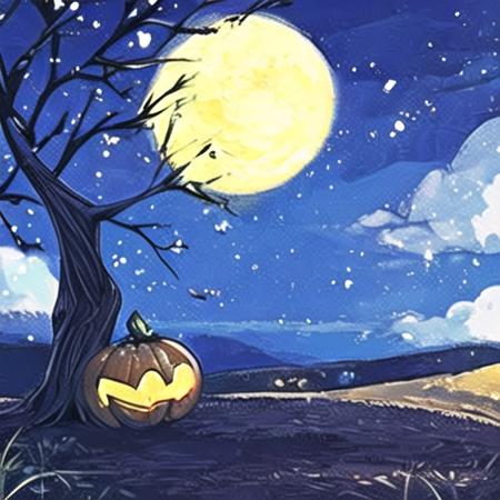 Halloween , jack-o'-lantern, tree, pumpkin, sky, moon, cloud, grass, scenery, night, outdoors<lora:halloween:1>