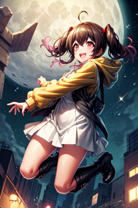 munichan, smile, open mouth, skirt, black hair, red eyes, long sleeves, dress, hair between eyes, twintails, jacket, ahoge, :d, boots, outdoors, sky, hood, black footwear, white dress, v-shaped eyebrows, sleeves past wrists, night, glowing, moon, white skirt, knee boots, hood down, building, star (sky), night sky, full moon, zipper, starry sky, jumping, cityscape, pleated dress, yellow jacket, zipper pull tab, skyscraper, yellow hoodie