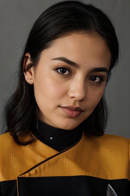1girl, emirulol, (close up:1.4), ((headshot)),  yellow pcdst uniform, long sleeves, blurry background<lora:STPicardUniforms:0.8>