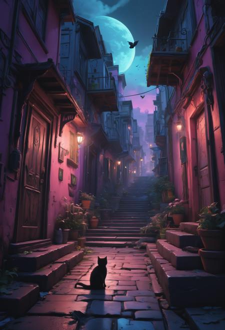 Masterpiece, Concept Art, A busy Alley in a dark fantasy city, denizens walking with purpose and standing in doorways, magical evening sky, black 1cat sits of steps observing, vibrant, aesthetic , extreme details, 8k resolution detailed, trending on artstation, pastel colours