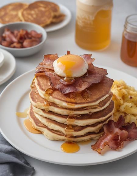 A classic American breakfast plate with fluffy scrambled eggs, crispy bacon, golden hash browns, and a stack of buttermilk pancakes drizzled with maple syrup, served on a white ceramic plate.