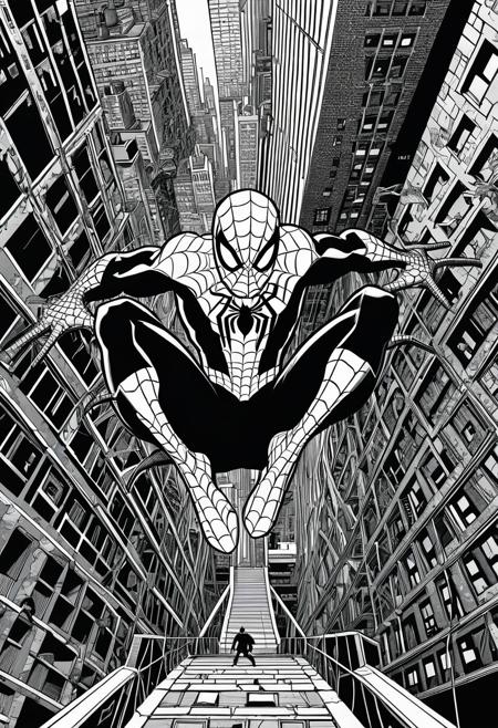 Centered, Incredibly Detailed Accurate Picture Of A Comic Cover Of Spider-Man, as if drawn from the works of M.C. Escher, New York City, bhands