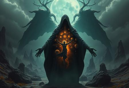A universe inside a dark cloaked figure within mysterious landscape in an unfathomable realm of fantastic creation inhabited by ancient shadows of a forgotten time beyond the gate of the gateless gate where life is limitless, light is shadow and shadow is light, eerie sense, horror, spark of the beginning, existence and nonexistence at once, ethereal, outstretched arms, behold the end of the beginning, inglorious glory to the dark one, betrayal of the ancient order, beware the 7headed beast, destroyer of the old ways, bearer of the unbearable, nightmarish, archaic runes, tree aging backwards, breath of the gods, ruins of a place unimagined, extreme intricate detail, photorealistic, beyond epic scene, fate discarded, unseeable face of god, the end is the beginning, the beginning is the end, man arises as god dies, as above so below, as below so above, emerald tablet, thoth, guardian and saboteur of existence, hopeless hope, ghosts of the unborn, conception of the inconceivable, cosmic well of imperceptible perception, evil aura, infinite emptiness, pillars of void, overwhelming subtlety, abstract sacred geometry, beams of readiness without intention, gift of doom
