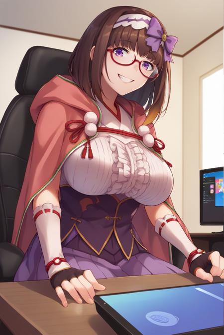 Osakabehime_Default, purple eyes, brown hair, very long hair, hair bow, gradient hair, glasses, red-framed eyewear, semi-rimless eyewear, hairband, frilled shirt, purple skirt, hooded cloak, arm warmers, fingerless gloves Osakabehime_Swimsuit, purple eyes, brown hair, very long hair, hair bow, gradient hair, swimsuit, bikini, pink bikini, goggles, goggles on head, pink scarf, thigh holster, thigh strap