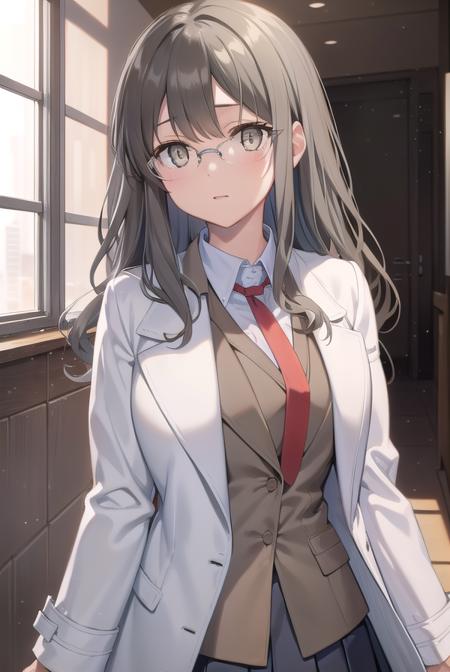 riofutaba, <lora:riofutabatest:1>,
rio futaba, black-framed eyewear, (brown eyes:1.7), glasses, (grey hair:1.5), hair between eyes, over-rim eyewear, semi-rimless eyewear, long hair, sidelocks,
BREAK blazer, blue skirt, brown jacket, coat, collared shirt, jacket, lab coat, long sleeves, miniskirt, necktie, open clothes, open coat, pleated skirt, red necktie, school uniform, shirt, skirt, undershirt, (white coat:1.5), white shirt,
BREAK looking at viewer,
BREAK indoors, classroom,
BREAK <lora:GoodHands-vanilla:1>, (masterpiece:1.2), best quality, high resolution, unity 8k wallpaper, (illustration:0.8), (beautiful detailed eyes:1.6), extremely detailed face, perfect lighting, extremely detailed CG, (perfect hands, perfect anatomy),