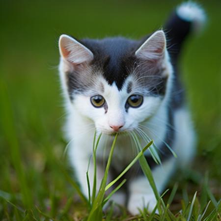 <lyco:Kitty:1.0> small white and black kitty in green grass, realistic, photo