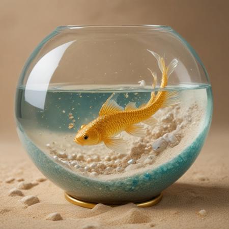 ultra high definition, high impact, professional photograph. A crystal fishbowl, inside a gold fish, looking remarkably like a golden chinese dragon, swims.
iridiscent sand and aquamarine pearls at the botom of the fishbowl
In the background 2 galaxies collide