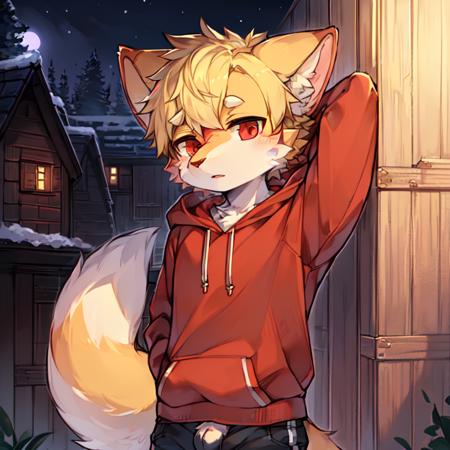 solo,1boy,anthro,furry_male,fox_boy,(red_fur:1.3),(detailed_fluffy_fur),(intricate_detail_fluffy_fur),tuft,(body_fur:1.2),oil_skin,(skin_with_fluffy_fur),tail,short_hair,red_eyes,blonde_hair,shorts,hoodie,upper_body_close-up,cowbow_shot,half-closed_eyes,expressionless,heavy_breathing,looking_at_viewer.
(Cozy_Childhood_Hideaway:1.5),night,(detailed_background,amazing_background),outdoors,scenery.