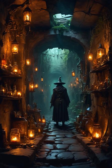Imagine a shadowy, underground chamber filled with a maze of stalls and pathways. The market is dimly lit by flickering torches and candles, casting long shadows on the stone walls. The air is thick with an eerie, unnatural glow that seems to emanate from some of the objects on display.
Each stall is cluttered with a variety of strange and mystical items: enchanted artifacts that glimmer with magical energy, bottles of potions in vibrant colors, and cursed objects that emit a sinister aura. There are also cages containing rare and dangerous creatures, their eyes glowing in the darkness.
The vendors are an eclectic mix of supernatural beings. Some have grotesque features like horns, scales, or glowing eyes, while others are cloaked in shadow, their faces obscured. They stand behind their stalls, watching visitors with shrewd, calculating gazes.
The market is crowded with a diverse array of beingsâdemons, dark witches, and sorcerersâmoving cautiously through the aisles. Many wear cloaks or masks to conceal their identities, adding to the air of mystery and intrigue. The atmosphere is tense, with an undercurrent of danger and suspicion.
Overhead, strange symbols and runes are carved into the stone ceiling, glowing faintly. The pathways are lined with cobblestones, worn smooth by the passage of countless visitors over the ages. The entire scene is a chaotic yet organized array of dark and forbidden wonders. <lora:extremely_detailed:1> <lora:SDXLFaeTastic2400:1>