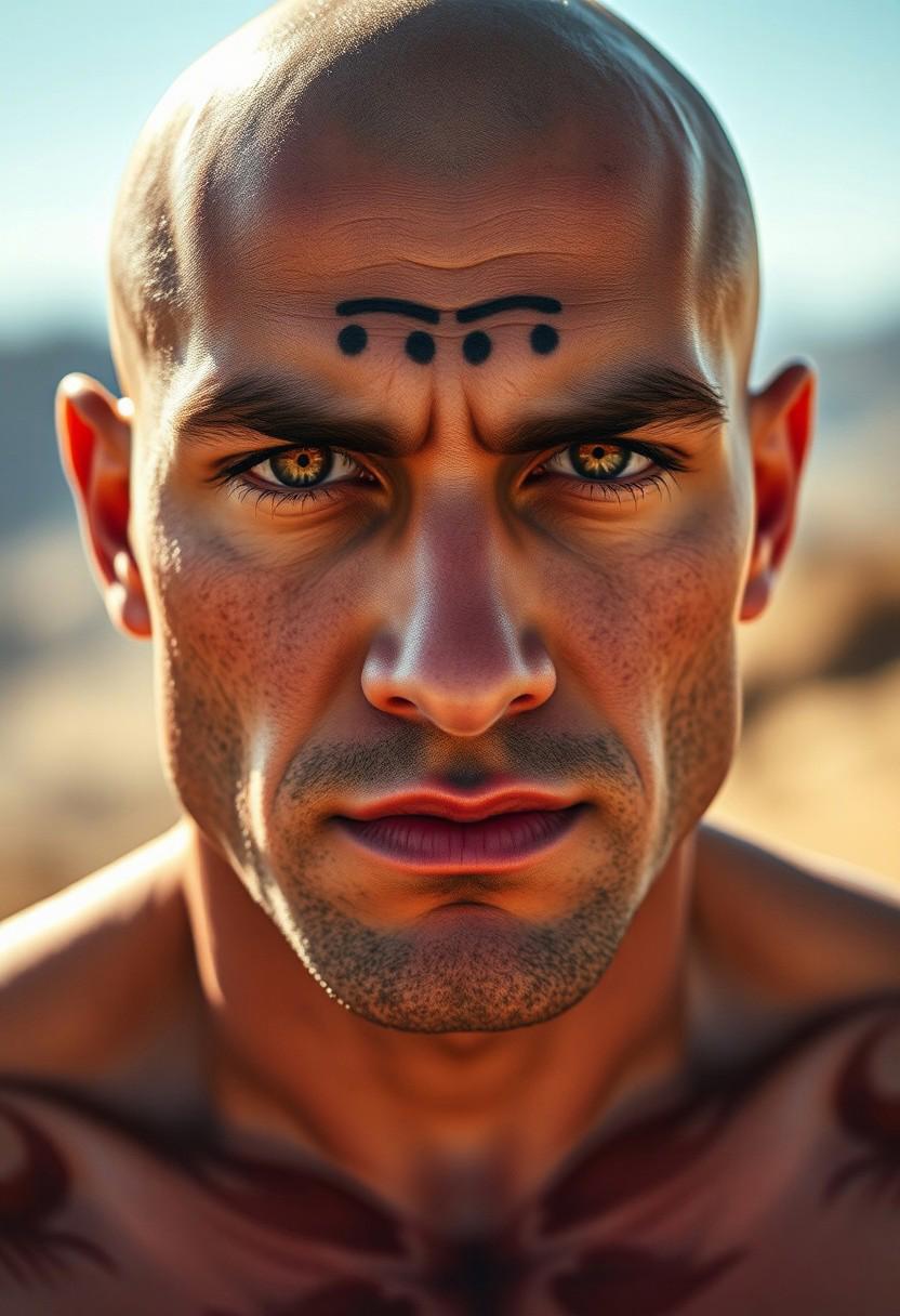 A young middle eastern handsome man with a mysterious aura, expressive golden majestic eyes, mascara, very wide jaw and completely bald round head, hairless clean shaven face. He has three dots tattoos under both eyes. He has bulging very wide neck and big body muscles (bodybuilder) and tan rough skin, he has a smirk, which add subtle roughness to his look. Photo is taken outdoors, with midday sunlight. background is a blurred, in mountains and deserts, creating a beautiful bokeh effect. Camera, Sony A7R IV 85mm f/1.4 prime lens Aperture, f/1.4 to achieve a shallow depth of field, ensuring the background is beautifully blurred while keeping the subject's facial features in sharp focus Shutter Speed, 1/300 seconds to freeze any slight movements and maintain sharpness ISO 300, to keep noise to a minimum Focus on eyes to ensure they are the sharpest part of image White Balance Set to 'sunlight' to maintain the vibrant day light. Close-up shot, framing face and bare shoulders. Position the subject slightly off-center using rule of thirds to create a more dynamic composition. Eye-level angle to create a connection between subject and viewer Enhance bright vibrant tones and slightly boost the saturation of background to make the colors pop. Apply selective sharpening to eyes and lips to draw attention to these features, extremely detailed skin texture with skin imperfections and vellus hairs