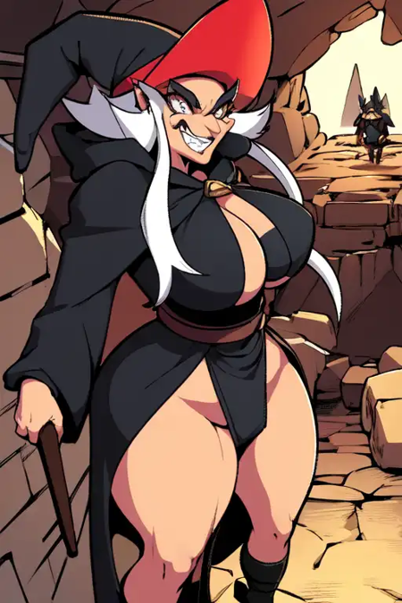 Wendy Naugus, white hair, pointy nose, witch hat, evil grin