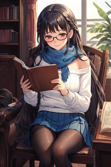 masterpiece, best quality, 1girl, solo, public library, shelves of books,  <lora:Sakajo_Hikaru_v2-000190:0.7>, glasses, black hair, (wool sweater, white sweater:1.5), off-shoulder, lack bra straps, twin braids, red eyes, (thicc thighs:1.2), (very long hair, straight hair:1.5), embarrassed, (shy, insecure:1.5),(pleated skirt, black skirt, black pantyhose:1.5), high-heels, chckered scarf, ribbons, long sleeves, sleeves past wrists, wool hat, sitting, on an antique chair, legs crossed, reading a book, smiling,