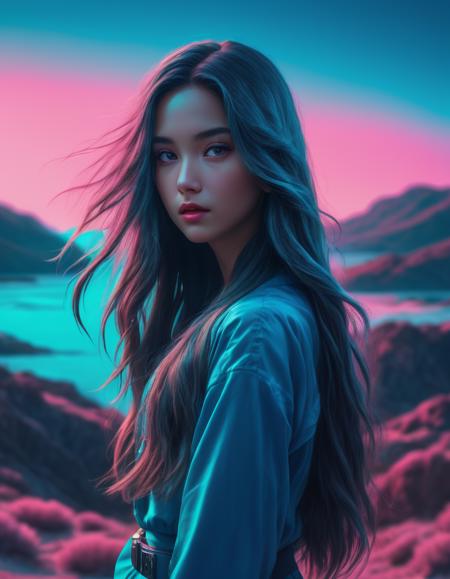 (masterpiece:1.0), (highest quality:1.12), (HDR:1.0), a girl with long hair looking at viewer, with a teal background and a indigo sky, constant, vaporwave colors, a character portrait, synchronization
, detailed, realistic, 8k uhd, high quality