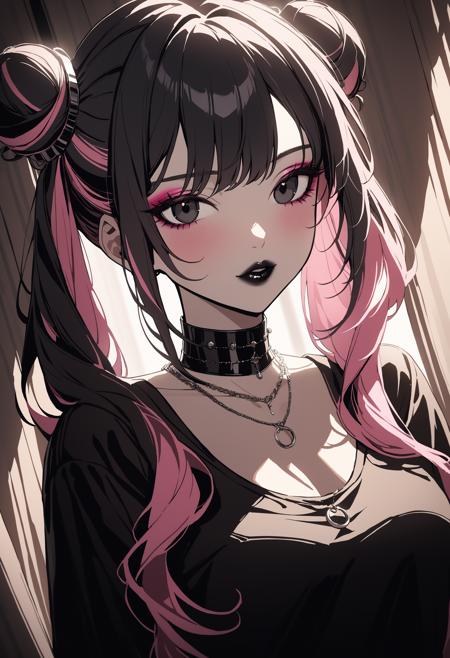 1girl, Holo-Punk Style, black eyes, black hair, black lips, cone hair bun, twin tails, curtains, double bun, hair bun, jewelry, lipstick, long hair, makeup, multicolored hair, necklace, pink hair, solo, upper body, newest, cinematic angle, cinematic lighting, masterpiece, best quality , <lora:HoloPunkXL:0.5>