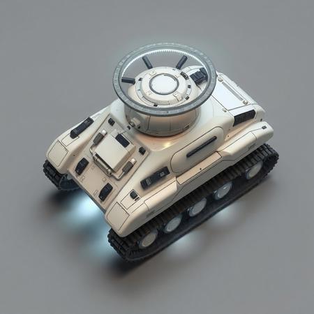 ((top view)), (tank),
Compact boxy tank with soft rounded edges and a rotating nanite field ring on top.
Chassis: Smooth pearl-colored plating grown from engineered minerals. Gentle concave hull lines simulate growth rings.
Tracks: Small caterpillar treads reinforced with self-healing mesh. Slightly translucent armor skirts.
Details: Repair drones dock into dorsal ring. Nanite discharge ports glow when self-repairing.
Lights: Constant soft white glow beneath tank; nanite ring pulses when active.