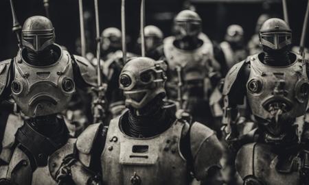 photo AscendentSoldiers style a close up of a robot holding a sword, 8k, cinematic, detail, grimdark