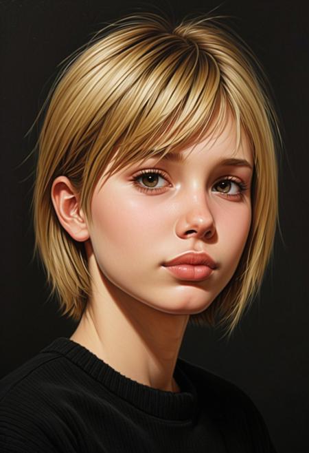 jp-j3a-1250, 1girl, Oil Painting, short cute shy tomboy-girl, side-front view, short straight dark-blonde emo-cut hair, (shy frown), twinkling eyes, (cute nose), ((upturned snub-nose)), ((dimples)), (clavicles), armpits, ((broad shoulders)), pale skin, navel, Intricate textures, (high detailed skin:1.7),