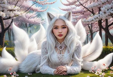 (a beautiful girl with nine lush big fluffy tails poses in the middle of a garden of sakura blossoms), furry woman, a woman with 9 white  tails ((gumiho)) ((nine tailed white fox)) fox tail,fox ears,beautiful dress, very cute faces, looking at the viewer,white smoke , (cinematic pose) aurora background, perfect face, perfect hands,detailed symmetric circular iris, love magic, beautiful sky realistic, octane render, intricately detailed, cinematic, Isometric, fantasy theme, mystical, deviant art masterpiece, green eyes, colour grading, light illustration, extreme quality, extremely detailed, ultra-detailed face, ultra hd 8k, concept art, hyperdetailed, triadic colours, fantastical, intricate detail, splash screen, complementary colours, fantasy concept art, 8k resolution, soft lighting, film photography, film grain, hyperrealist,   <lora:Mr_Fox Spirit:1>,
