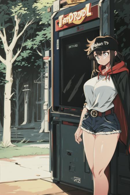 arcade, arcade cabinet, 1girl, solo, large breasts, short shorts, night, outdoors, forest, cloak, wide hips, white pupils, long hair, <lora:Arcade V1:0.6> <lora:1990sAnimeStyleLora_1:0.6>