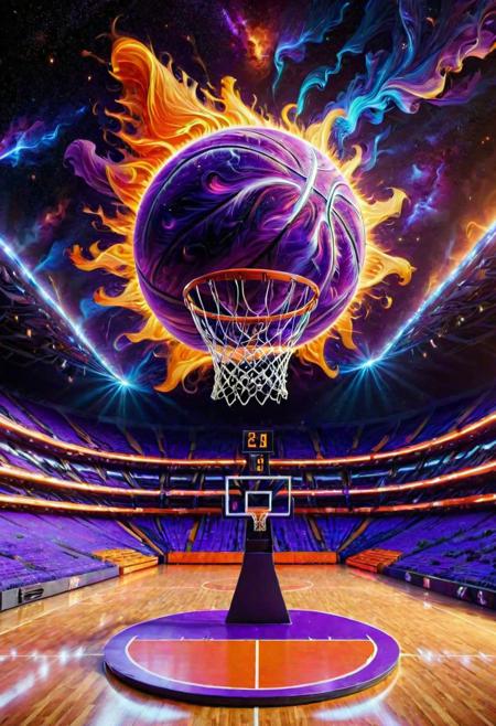 ral-sun purple basketball, orange cosmic backboard, players, stadium,  (modern_design:1.1), (dynamic_elements:1.1), (team_identity:1.1)