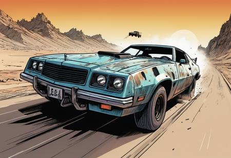 candid view, mad max style, interceptor car chase, epic, action, cinematic, motion trails, colored inked, comics, graphic novel illustration, flat colors, highly detailed, large gradient, paper texture, go pro, color graded illustration, comics page, scoundrel