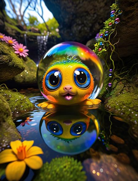 Cinematic photo-realistic macro photography, dramatic lighting, cute water 1bubble with two big twinkling eyes, anthropomorphic cuddly creature, reflecting and refracting light, (living water), cave pool, moss, iridescent flowers, vibrant colors, <lora:detailed_notrigger:1>, rainbow over the water, HDR, many small details, <lora:add-detail-xl:0.9>.