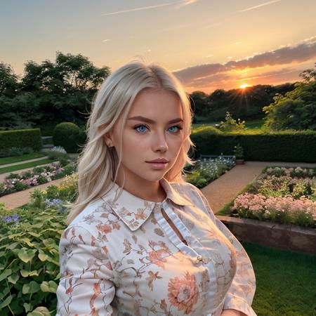 (k1m5ch1ele) , blue eyes, close up, portrait, standing in the garden, sunset lighting, best best quality,  <lora:KimSchieleLoraV3-step00002750_Best One:0.9>