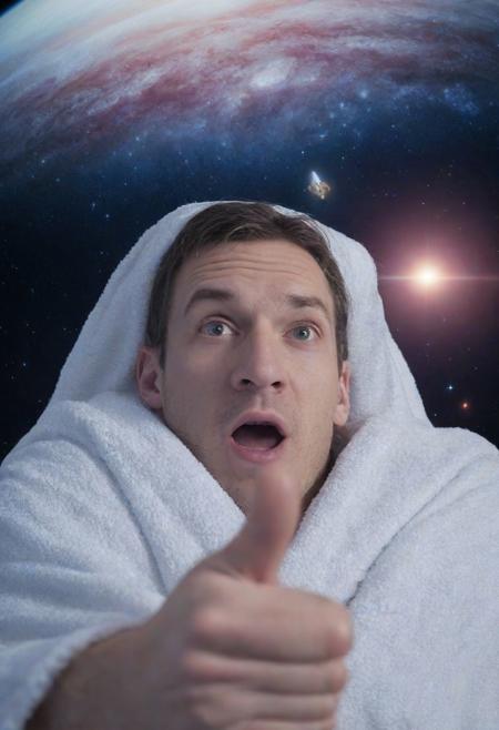 ((intense-fisheye-lens) distortion photograph)) ,
((A galactic hitchhiker) (with thumb up), (a clean, fluffy towel is clearly seen over the galactic hitchhiker's shoulder)),
<<BREAK>>
((in the background dolphins are seen floating in outerspace)),
((noise offset, best quality photograph, , (multiple-exposure photographs), UHD, (very slow shutter speed), experimental lighting, experimental angles, (strong fisheye-lens/ intense fisheye-view photograph), ( realisticvision-negative-embedding, epiCRealism ))