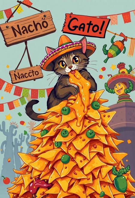 Vector flat Mexican style art Poster, A mischievous tabby cat wearing an oversized, brightly colored sombrero adorned with tiny chili pepper ornaments sits triumphantly atop a towering mountain of cheesy nachos. The chips buckle under neon-orange melted cheese that oozes like lava. The cat, with sparkling anime-style eyes the size of tortillas, swipes a nacho with dramatic flair, flinging cheese onto its whiskers in a gooey mess that stretches cartoonishly as it frantically licks it off. Behind the chaos, a vibrant Mexican fiesta bursts to life papel picado streamers flutter in reds, greens, and yellows, while googly-eyed piñatas shaped like cacti and mariachi figures dance and cheer. A hand-painted wooden sign reading “¡Nacho Gato!” swings crookedly above, caught in the festive whirlwind. Scattered below are salsa spills, a runaway jalapeño, and a toppled maraca. Rendered in a vivid Mexican folk-art style with bold outlines and Talavera-inspired patterns, the scene pops with fiery reds, sunny yellows, and deep azules—perfectly capturing the wildly whimsical spirit of a feline fiesta gone hilariously off the rails.