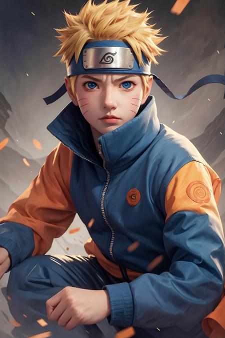 naruto, 1boy, solo, male focus, blue eyes, facial mark, looking at viewer, fighting stance, serious, orange jacket, jacket, closed mouth