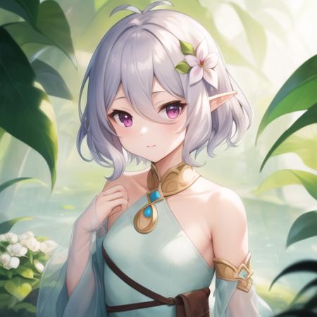 (masterpiece, best quality:1.2),illustration,8k,hd,1girl,solo,upper body,(portrait:1.2),kokkoro (princess connect!),petite,pointy ears,hair ornament,elf,hair flower,flower,short hair,grey hair,hair between eyes,antenna hair,looking at viewer,detached sleeves,dress,sandals,see-through,purple eyes,see-through sleeves,pink eyes,white flower,<lora:Kokkoro(pri)>,