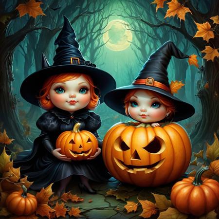 A cute chubby pumpkin couple with a scary witch art by Anna Dittmann, 
Greg Simkins, 
sarak kay, 
8k, 
complex environment, 
ornate, 
intricate, 
three-color, 
sharp focus, 
perfect composition, 
forest background