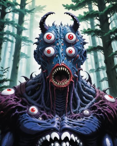 a fleshmutant man covered in eyes and mouths in a forest,2d,anime style,art by studio ghibli,  <lora:Fleshmutant-000002:1>