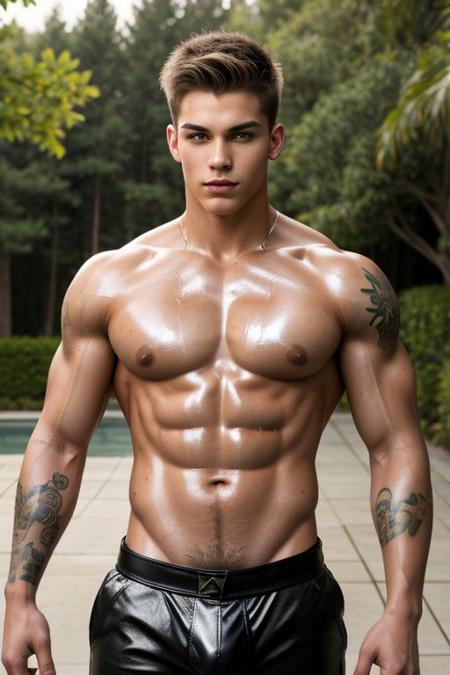 sexy 19-year-old male transforms his full body into liquid chrome metal, photo outdoors masterpiece, best quality, male focus, large pectorals, puffy nipples, muscular male, abs, looking at viewer, shiny skin, military, kinky, (leather), (cool tattoos), detailed face, realistic eyes, realistic face,, sweaty, sweat, steam, mist, large penis