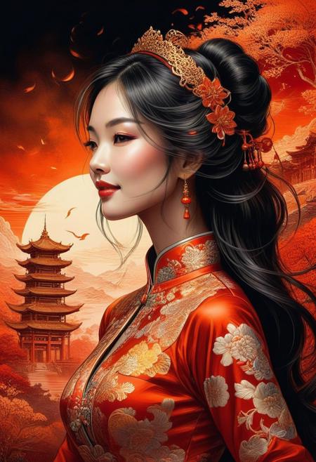 Silhouette Art, breathtaking detailed, masterpiece, awe-inspiring, radiant, magnificent. (all dark hues and fine vibrant orange glowing smoldering accent and shiny silver color scheme:1.02). (happy, laughing, excited, in love, grateful, tears in eyes),  glossy. stunning oriental woman, long hair, gold and red cheongsam