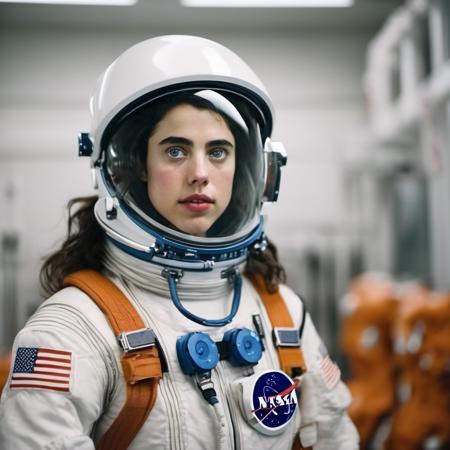 <lora:margaret_qualley_xl_lora_10:1>  margaret qualley woman analog A half body Portrait of a beautiful 30 year old woman, focus on eyes, sexy stare, wearing a nasa space suit