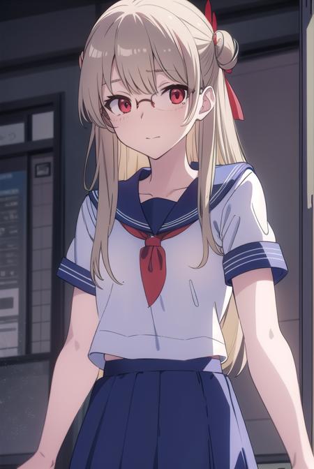 kotonesasaki, <lora:kotonesasakitest:0.8>,
kotone sasaki, long hair, (red eyes:1.5), glasses, blonde hair, hair pin, (small breast:1.2),
BREAK sailor uniform, serafuku, blue sailor collar, short sleeves, skirt, blue skirt, school uniform,
BREAK looking at viewer,
BREAK indoors, classroom,
BREAK <lora:GoodHands-vanilla:1>, (masterpiece:1.2), best quality, high resolution, unity 8k wallpaper, (illustration:0.8), (beautiful detailed eyes:1.6), extremely detailed face, perfect lighting, extremely detailed CG, (perfect hands, perfect anatomy),