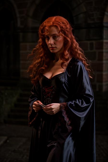 dracula costume ,  dam , dusk  <lora:Susan_Sarandon:1> masterpiece, best quality, detailed face, solo, a woman, mature s1873s, red hair, long_hair, looking_at_viewer