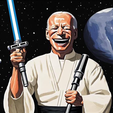 edi Master President Biden raises lightsaber in space, yueminjun_V, closed eyes, close-up, white, laughed and said, face, very_short_hair