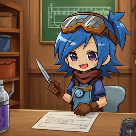 workshop, tools, blueprint, steampunk BREAK solo, asteria, cute, purple eyes, gloves, smiling, open mouth, chibi, holding wrench <lora:pk_asteria-000010:0.8>