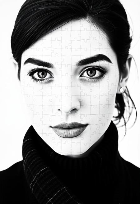 Closeup of a woman made of 3d puzzle pieces, white background