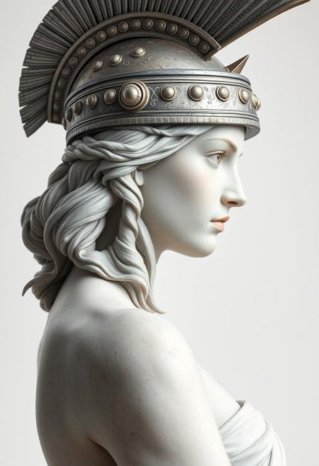 side view of Athena Pallas the ancient greek Goddess, she wears a greek helm, masterpiece, best quality, high quality, hyper detailed, high res, intricate detail, HDR, 8k, sharp focus, detailed background, realistic eyes, detailed skin texture, realistic, white background