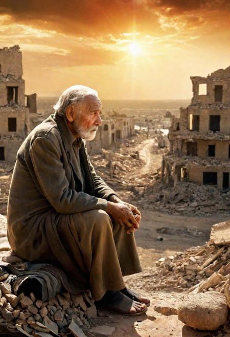 Profoundly detailed illustration, heart-wrenching composition!! An old man with a face telling a thousand stories, sitting amidst the remnants of a war-torn landscape. His eyes, brimming with tears, reflect the profound sadness and the weight of memories he carries. The background, a hauntingly beautiful yet devastated battlefield, tells the tale of conflict and loss. The setting sun casts a somber light over the shattered ruins, highlighting the scars of war with a dramatic interplay of shadows and fading light. The double exposure technique adds depth to the image, blending the stark reality of the war-torn background with the intense emotions etched on the old man's face. Every wrinkle, every tear, and every piece of debris in the background is rendered with ultra-detailed precision, creating a poignant atmosphere that is almost tangible. The scene transcends mere visual representation, capturing the essence of sorrow and the lasting impact of war in a way that is both abstract and deeply real. The colors are muted yet powerful, contributing to the overall sense of melancholy and reflection, making it not just an image, but a masterpiece that speaks volumes of unspoken narratives.