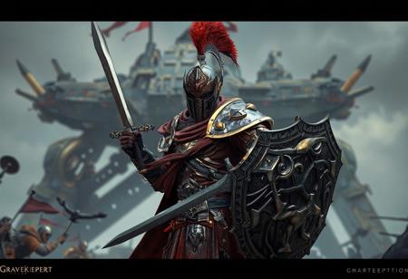 "A hyper-detailed concept art scene featuring a Gravekeeper's Nobleman warrior, the main focus of the image. Adorned in red and gold armor with a helmet featuring a plume, the warrior wields a sword in their right hand and holds a shield in their left, suggesting readiness for battle. The background is the Mobile Fortress, creating a dramatic and immersive setting. Rendered in hyper-realistic 3D with Octane Render, the scene showcases lifelike details, sharp lines, and stunning colors. The composition is balanced, with intentional focus on the warrior and the fortress. Inspired by contemporary aesthetics and Grammer Effect Style, the image conveys vivid emotions and a powerful message. Trending on ArtStation, 4K, ultra-detailed, and impeccably composed."