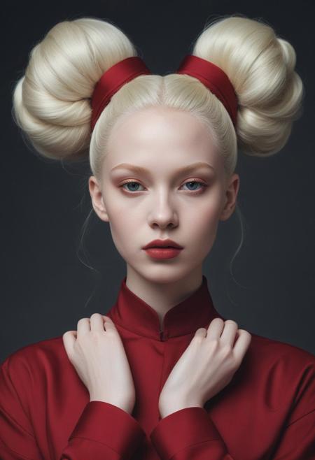 Beautiful female dark girl, albino, bun hairstyle, extremely beautiful, young, red clothes