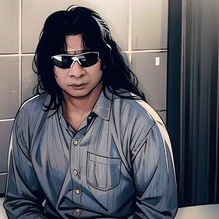 realistic, solo, <lora:ralro_v2+ruru-000021:0.8> (1boy), sunglasses, male focus, (ralo:1.3), long hair, parted bangs, cowboy shot