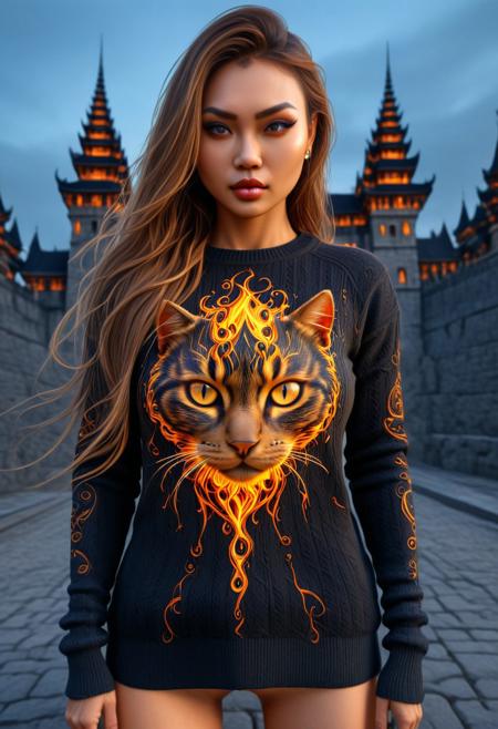 FireDarkstyle, Cambodian woman, asian features, long hair, huge boobs, small waist, fitness body, toned muscle, wide hips, An extreme photorealistic upper body shot of a cat girl with mesmerizing golden eyes and slit pupils. She has long, flowing two-tone hair, FireDarkstyle hair with striking unrealistic beauty. red lips, the skin has tiny imperfections like pores, faint freckles, and slight skin texture variations to add realism. Realistic lip texture with soft lines, slight gloss, and natural color variation. Realistically detailed tear ducts, slightly moist, enhancing the natural appearance of the eyes. Faint, barely visible veins under the eyes, adding depth and authenticity to the skin. Individually rendered eyebrow hairs with natural variation in direction, length, and thickness. Variation in hair strand thickness, with some thinner and finer than others, Gothic castle, lively, luminescent, Majestic castle, big eyes, fully dressed, (FireDarkstyle printed sweater:1.8), (FireDarkstyle painted castle:1.4), (outdoors:2).
