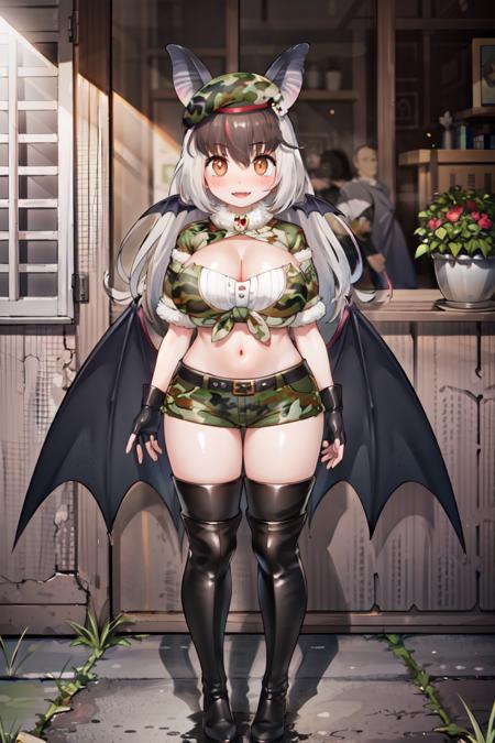 <lora:BrownLong-earedBatKemonofriends_Usako:0.7>, USAKO_military,
1girl,solo,masterpiece, best quality, high quality,delicate facial features,,mishoujo,hyper_detail,(((game cg))), finely detailed beautiful eyes and detailed face,lustrous skin,colorful
brown_long-eared_bat_(kemono_friends), kemono_friends_v_project, bat_girl, virtual_youtuber, multicolored hair, brown hair, grey hair, pink_hair, bat wings, long hair, bat ears, brown eyes,large_breasts,fangs
fingerless gloves, (camouflage:1.3), shorts, navel, midriff, (beret:1.3),capelet,thighhighs, short sleeves, black footwear, belt, thigh boots, green shorts, crop top, cleavage, tied shirt, black gloves,
(standing:1.2),(full_body:1.2),smile,blush,
(field:1.4),mountain,(sunlight:1.3), morning,