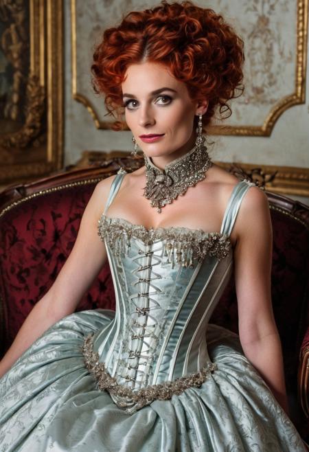 1boy,
A highly detailed best quality photography from the (year 1785:1.5) shows Catherine, a French (mature) noble femboy in a ball room. He leans lasciviously on a stylish chaise longue, half sitting, half lying down and looks at the viewer with a demeaning and arrogant smile on his face. 
The androgynous face of the Sissy with (narrow-set) wide open dark eyes, (long heavily crucked nose), (slim lower jaw), freckles and a (underbite) is (odd) but tells the interesting story of a live. The aged skin is wrinkled and shows agespots. He has elaborately coiffed intricate red curls with (several silver highlights:1.4). A heavy collar choker adornes his neck. He wears precious jewelry like diamond earrings and bangle bracelets. His decadent and extravagant (low-cut corset ball gown:1.5) results no cleavage because of his flat male chest.
The room is lined with silk wallpaper and sconces with candles create an intimate, subtle lighting atmosphere.