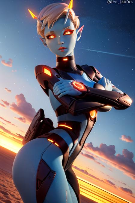 1girl, solo, standing, looking_at_viewer, short_hair, red_eyes, horns, choker, pointy_ears, orange_eyes, glowing, colored_skin, star_\(sky\), covering, posing, android, mechanical_parts,  looking at viewer, blue skin, <lora:Joey:0.7>